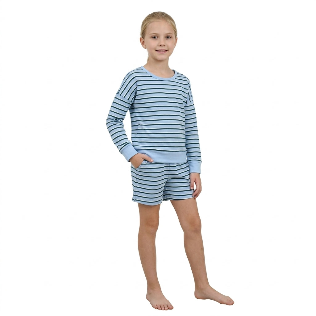 NO MOQ RTS GLS0133-yoga Baby Girl Clothes Blue Green Striped Print Long Sleeve Top Pocket Shorts Set 202610