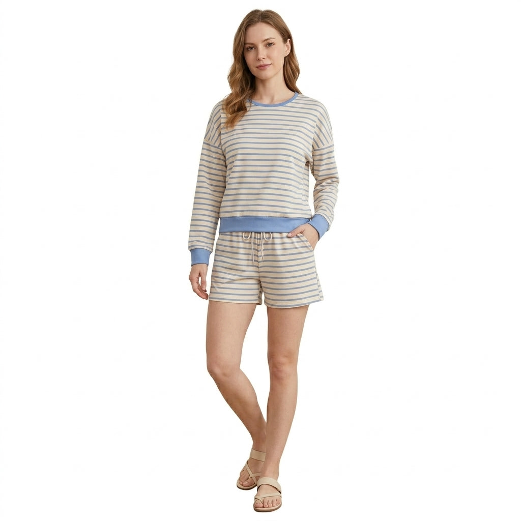 NO MOQ RTS GLS0138 Women Clothes Cream Light Blue Striped Print Long Sleeve Top Pocket Shorts Set 202610