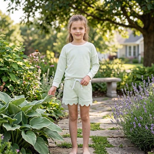 NO MOQ RTS GLS0154-yoga (2) Baby Girl Clothes Green White Striped Simple Print Long Sleeve Top Scalloped Short Set 202609