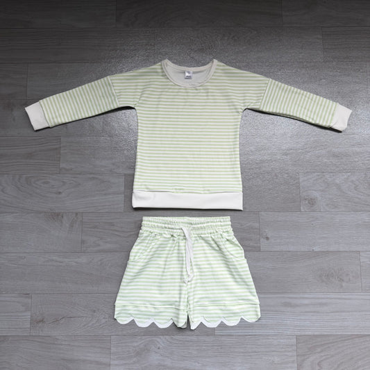 RTS GLS0154 Light Green Stripe Scallop Short Set Girls Athletic Yoga Casual Outfit 202608