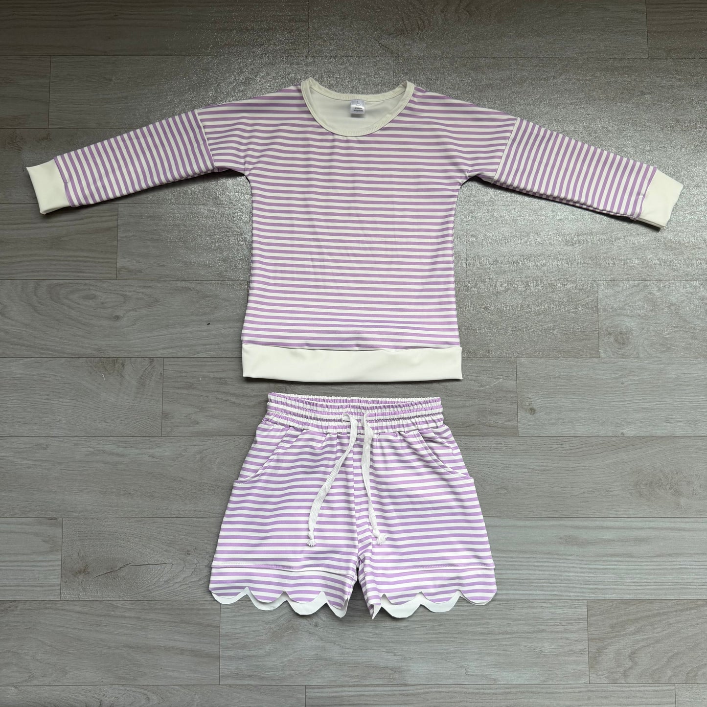 RTS GLS0155 Purple Lavender Stripe Scalloped Short Girls Active Yoga Set 202608
