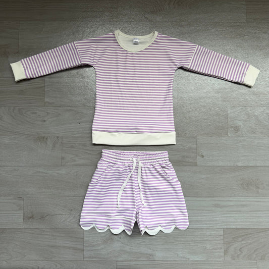 RTS GLS0155 Purple Lavender Stripe Scalloped Short Girls Active Yoga Set 202608