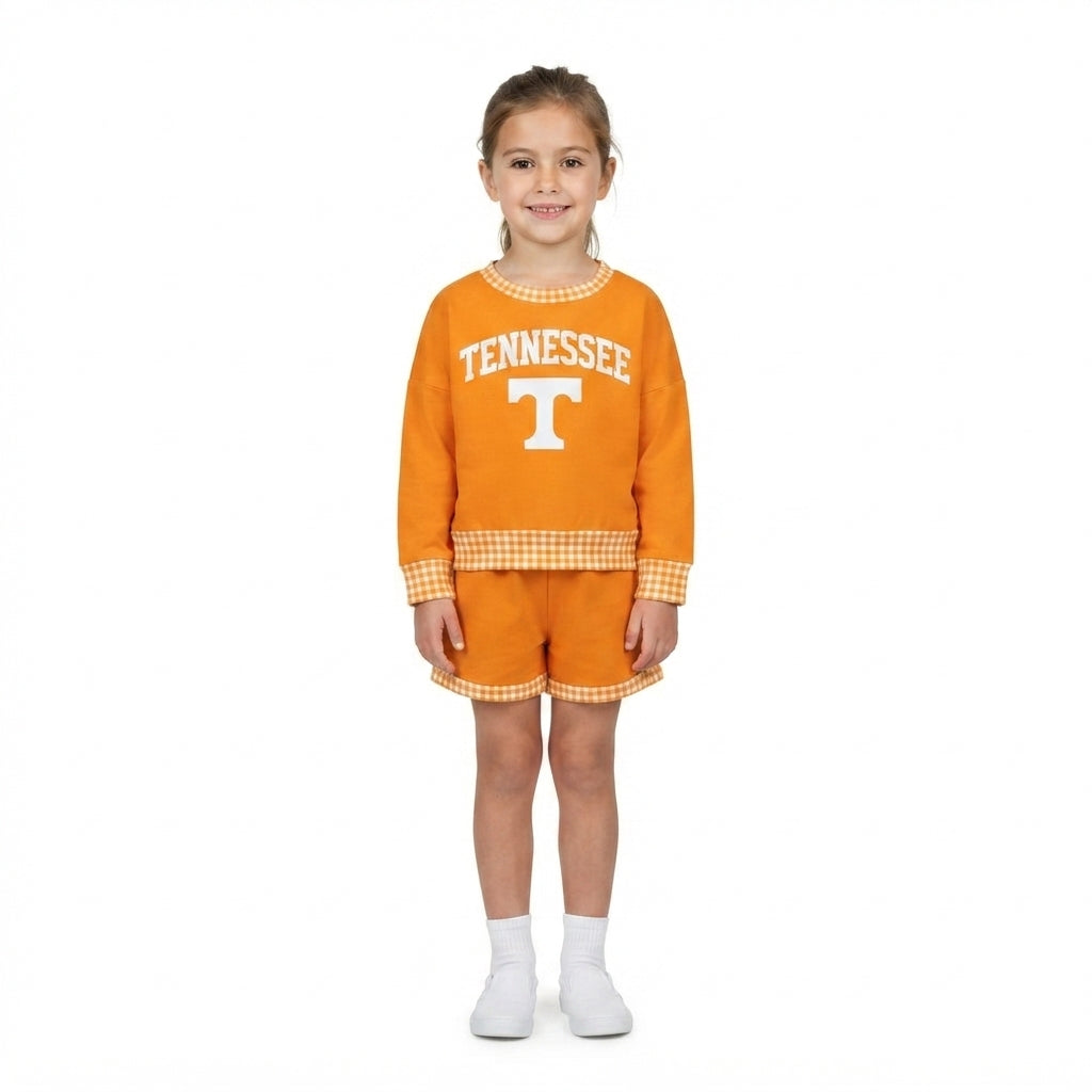 NO MOQ RTS GLS0163-vinyl Baby Girl Clothes Letter Print Gingham Patchwork Long Sleeve Top Shorts Set 202609