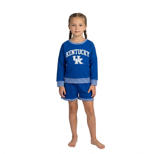 NO MOQ RTS GLS0164-vinyl Baby Girl Clothes Blue Gingham Patchwork Print Long Sleeve Top Short Outfit Set 202609