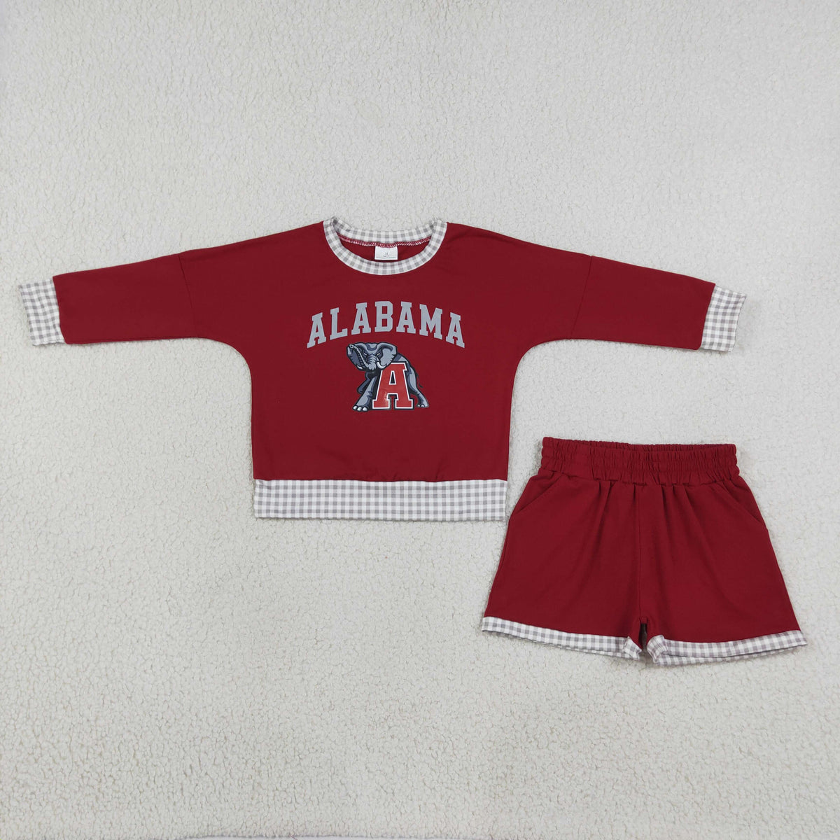NO MOQ RTS GLS0165-vinyl（1）Baby Clothes Alabama Elephant Print Red Gingham Trim Long Sleeve Top Shorts Set 202609