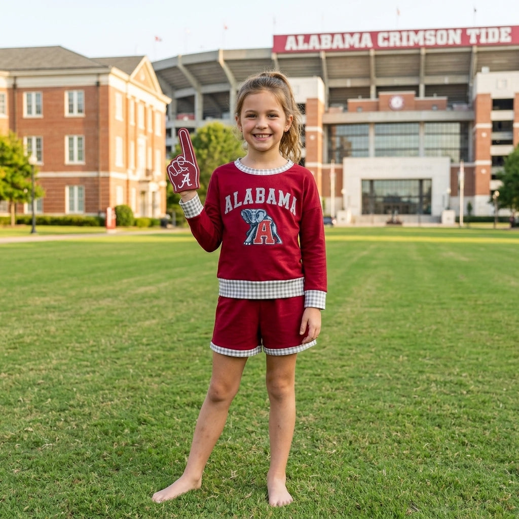 NO MOQ RTS GLS0165-vinyl（1）Baby Clothes Alabama Elephant Print Red Gingham Trim Long Sleeve Top Shorts Set 202609