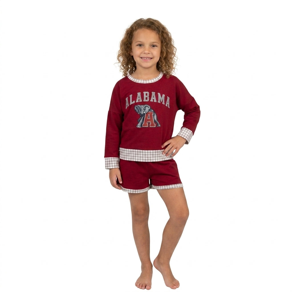 NO MOQ RTS GLS0165-vinyl（1）Baby Clothes Alabama Elephant Print Red Gingham Trim Long Sleeve Top Shorts Set 202609