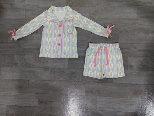 Sample-Real Pics GLS0170 Baby Girl Clothes Christmas Wreath Bow Print Long Sleeve Shirt Short Pajama Set