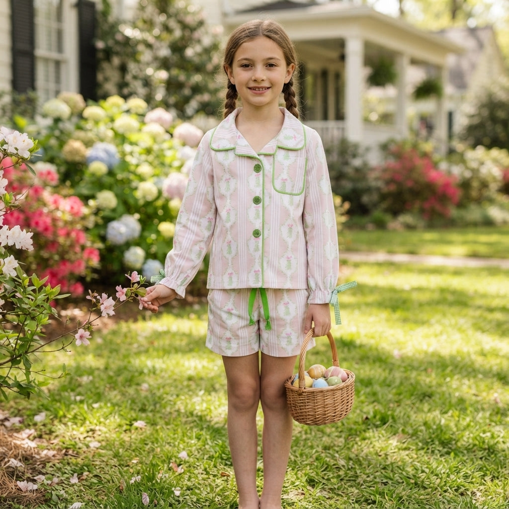 NO MOQ RTS GLS0171 Baby Girl Clothes Light Pink Christmas Wreath Stripe Allover Print Long Sleeve Button Shirt Short Pajama Set 202610