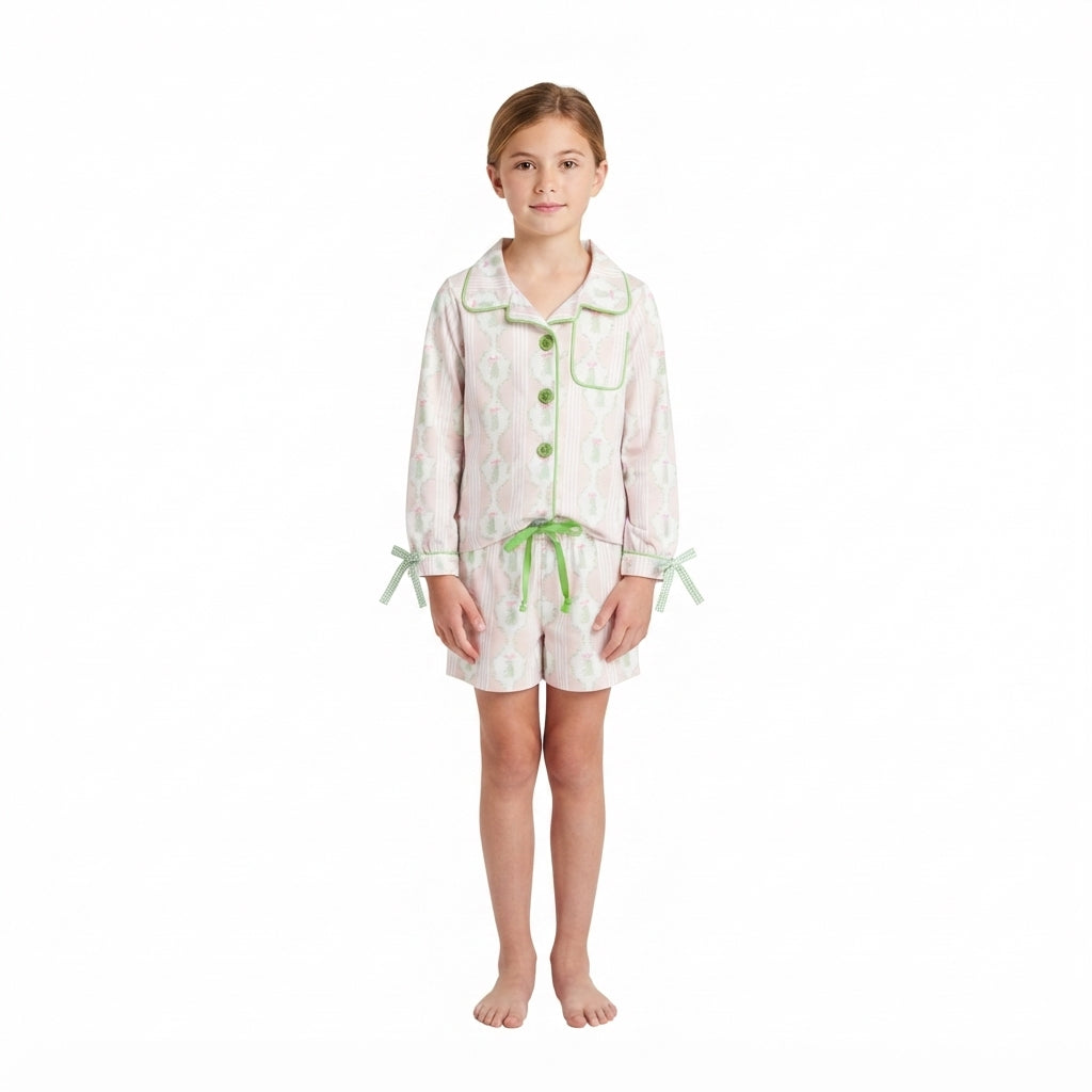 NO MOQ RTS GLS0171 Baby Girl Clothes Light Pink Christmas Wreath Stripe Allover Print Long Sleeve Button Shirt Short Pajama Set 202610