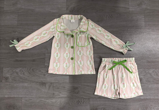 Sample-Real Pics GLS0171 Baby Girl Clothes Christmas Tree Bow Striped Print Long Sleeve Shirt Short Pajama Set