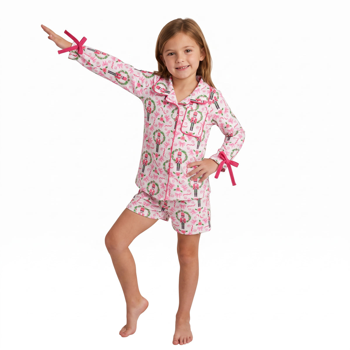 NO MOQ RTS GLS0173(1) Baby Girl Clothes Christmas Nutcracker Wreath Full Print Long Sleeve Shirt Short Pajama Set 202609