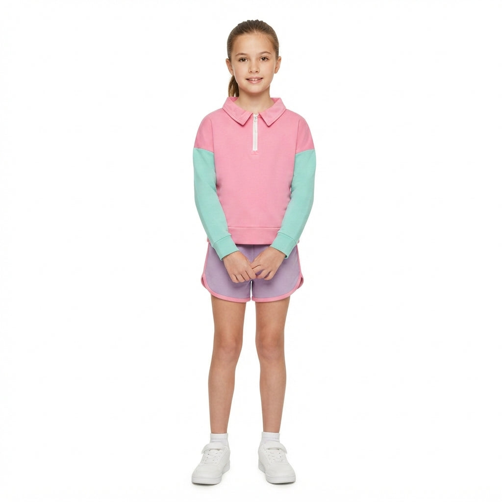 NO MOQ RTS GLS0193-bundle (2) Baby Girl Clothes Color Block Solid Print Long Sleeve Polo Top Short Pant Set 202610