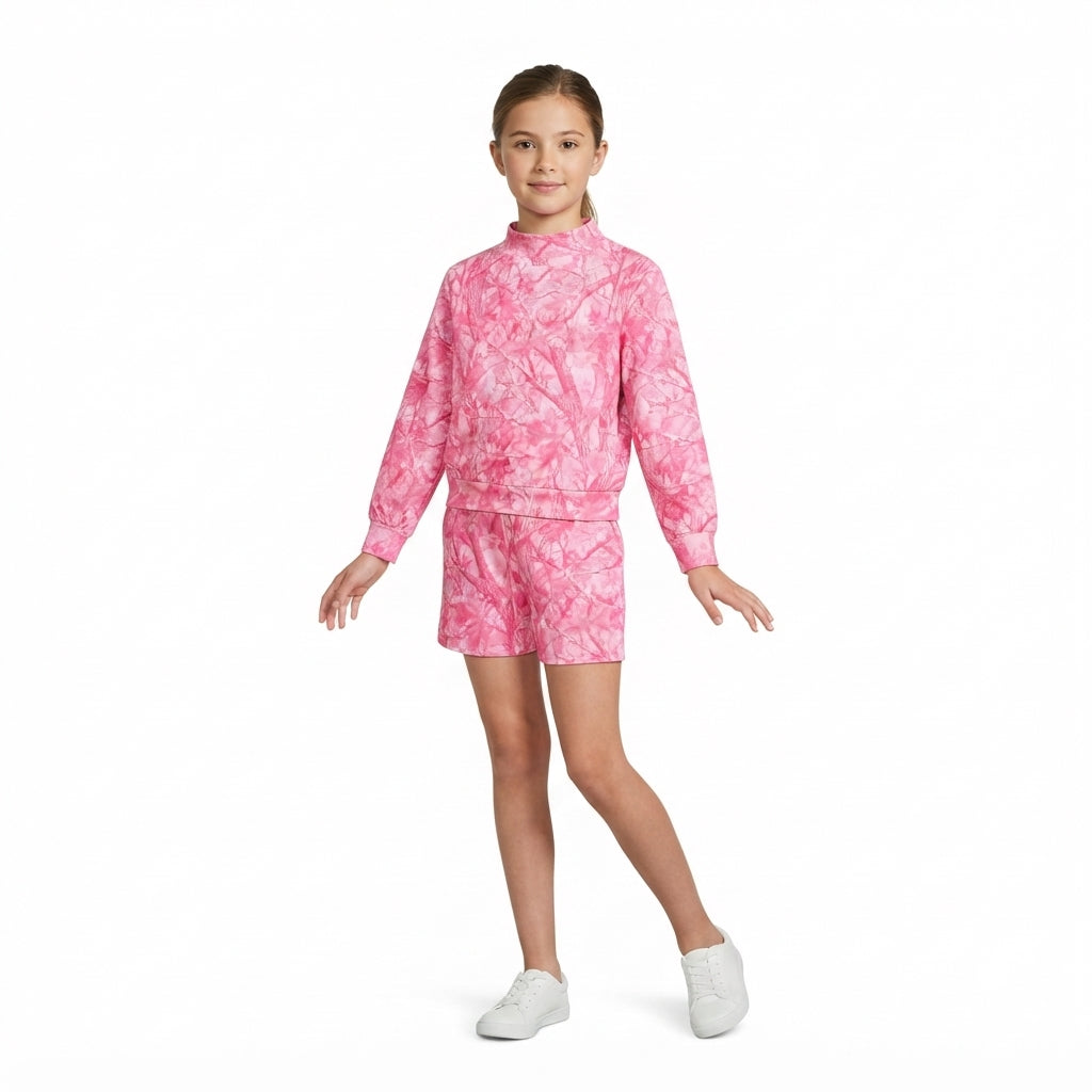 NO MOQ RTS GLS0196-bundle Baby Girl Clothes Pink Camo Leaf Allover Print Long Sleeve Top Short Pant Set 202610