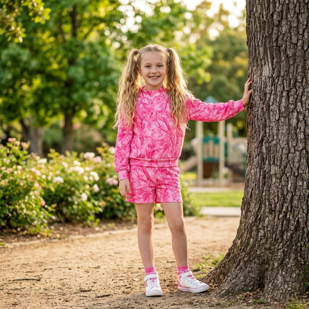 NO MOQ RTS GLS0196-bundle Baby Girl Clothes Pink Camo Leaf Allover Print Long Sleeve Top Short Pant Set 202610