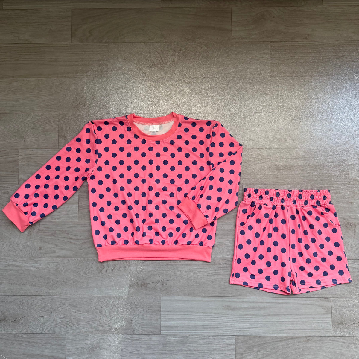 Sample-Real Pics GLS0204 Baby Girl Clothes Polka Dot Print Long Sleeve Sweatshirt Top Elastic Waist Shorts Set