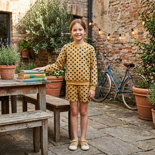 NO MOQ RTS GLS0205 Baby Clothes Yellow Navy Polka Dot Print Long Sleeve Short Set 202610