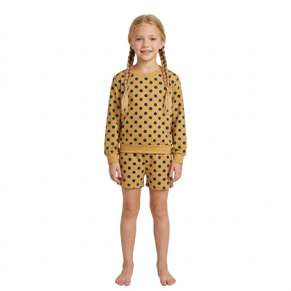 NO MOQ RTS GLS0205 Baby Clothes Yellow Navy Polka Dot Print Long Sleeve Short Set 202610