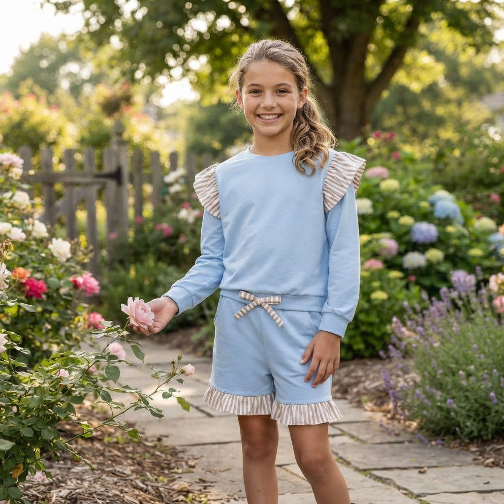 NO MOQ RTS GLS0216-bundle Baby Girl Clothes Solid Light Blue Stripe Ruffle Spliced Print Long Sleeve Top Short Pant Set 202609