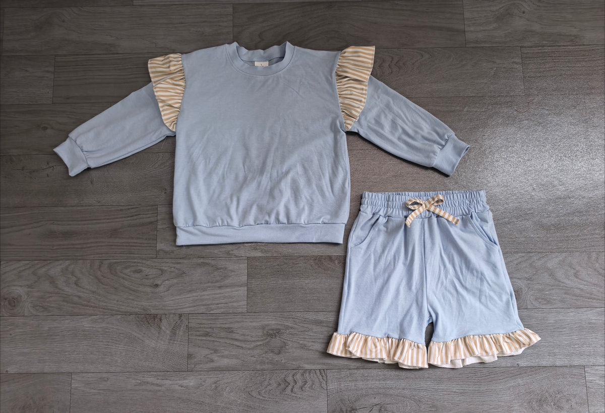 Sample-Real Pics GLS0216 Baby Girl Clothes Stripe Ruffle Trim Solid Plain Print Long Sleeve Short Pant Set