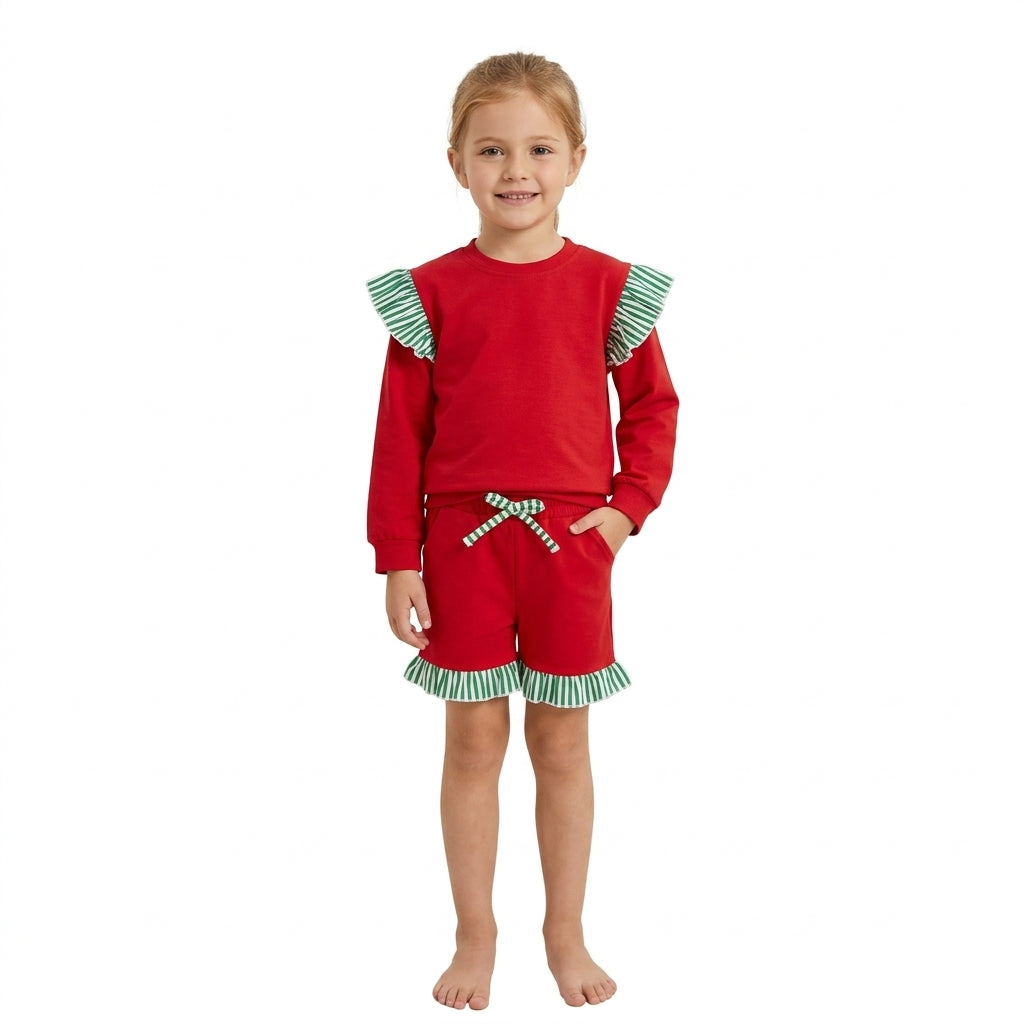 NO MOQ RTS GLS0217 Girl Clothes Solid Red Green Stripe Ruffle Plain Print Long Sleeve Top Shorts Set 202610