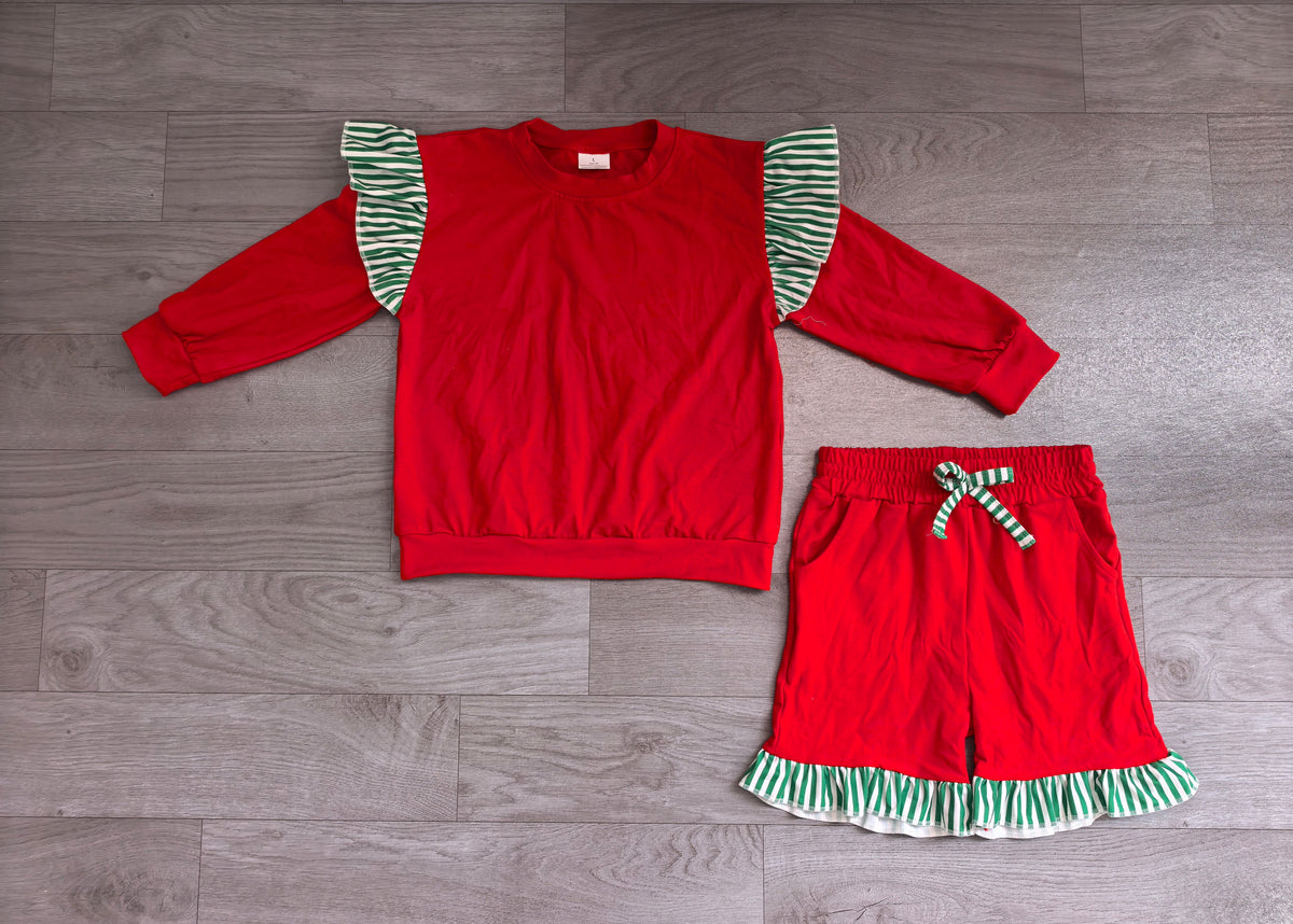 Sample-Real Pics GLS0217 Baby Girl Clothes Stripe Ruffle Trim Solid Plain Print Long Sleeve Short Pant Set
