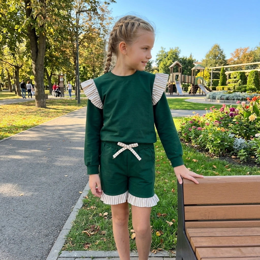 NO MOQ RTS GT1845 Baby Girl Clothes Solid Green Stripe Ruffle Spliced Long Sleeve Sweatshirt 202610