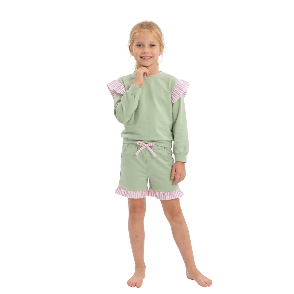 NO MOQ RTS SS1000 Baby Girl Clothes Solid Green Pink Stripe Ruffle Tie Waist Shorts 202610