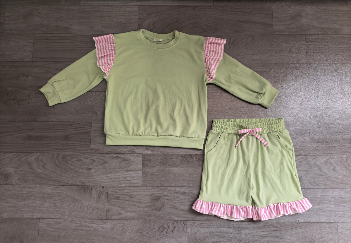 Sample-Real Pics GLS0220 Baby Girl Clothes Stripe Ruffle Trim Solid Plain Print Long Sleeve Short Pant Set