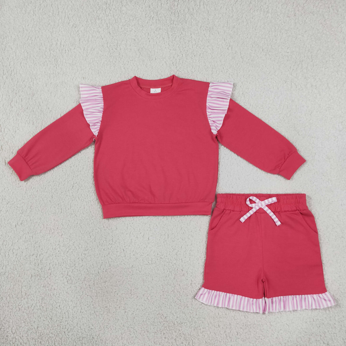 NO MOQ RTS GLS0221-bundle Baby Girl Clothes Solid Color Striped Splice Print Long Sleeve Ruffle Top And Short Set 202610