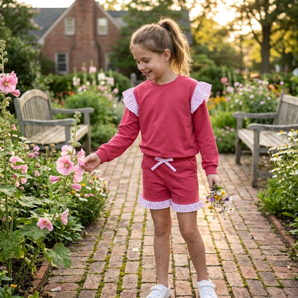NO MOQ RTS GLS0221-bundle Baby Girl Clothes Solid Color Striped Splice Print Long Sleeve Ruffle Top And Short Set 202610