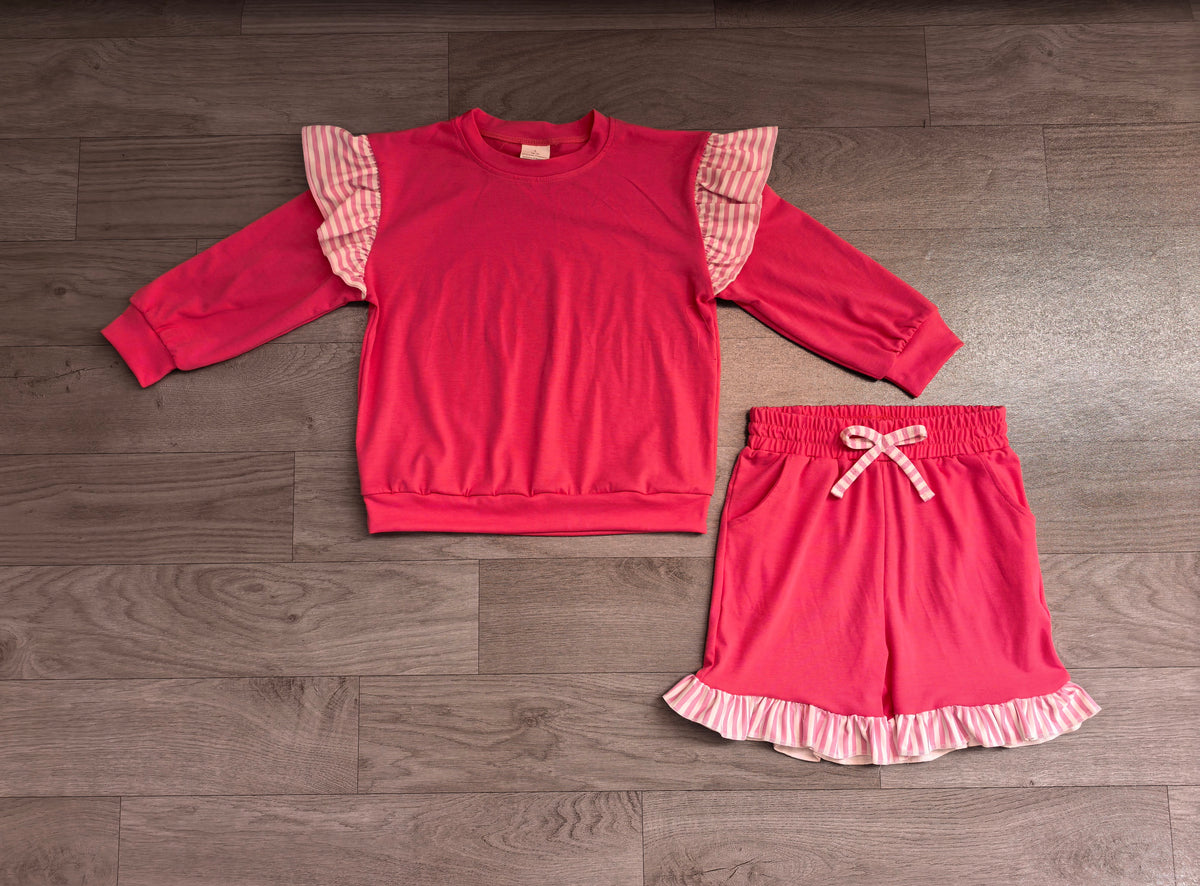 Sample-Real Pics GLS0221 Baby Girl Clothes Stripe Ruffle Trim Solid Plain Print Long Sleeve Short Pant Set