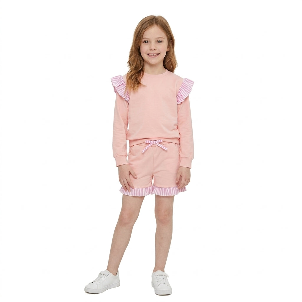 NO MOQ RTS GLS0222-bundle (2) Baby Girl Clothes Solid Peach Pink Stripe Ruffle Long Sleeve Short Set 202610