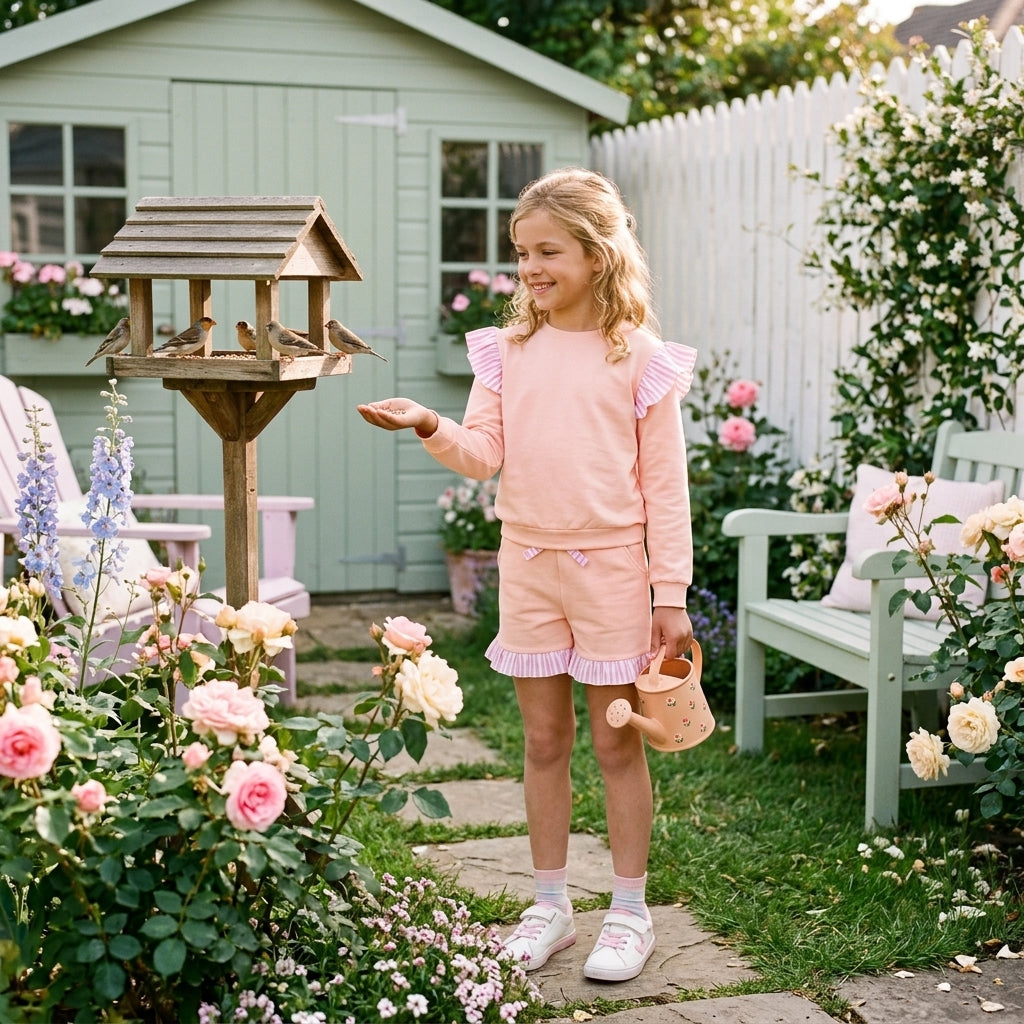 NO MOQ RTS GLS0222-bundle (2) Baby Girl Clothes Solid Peach Pink Stripe Ruffle Long Sleeve Short Set 202610