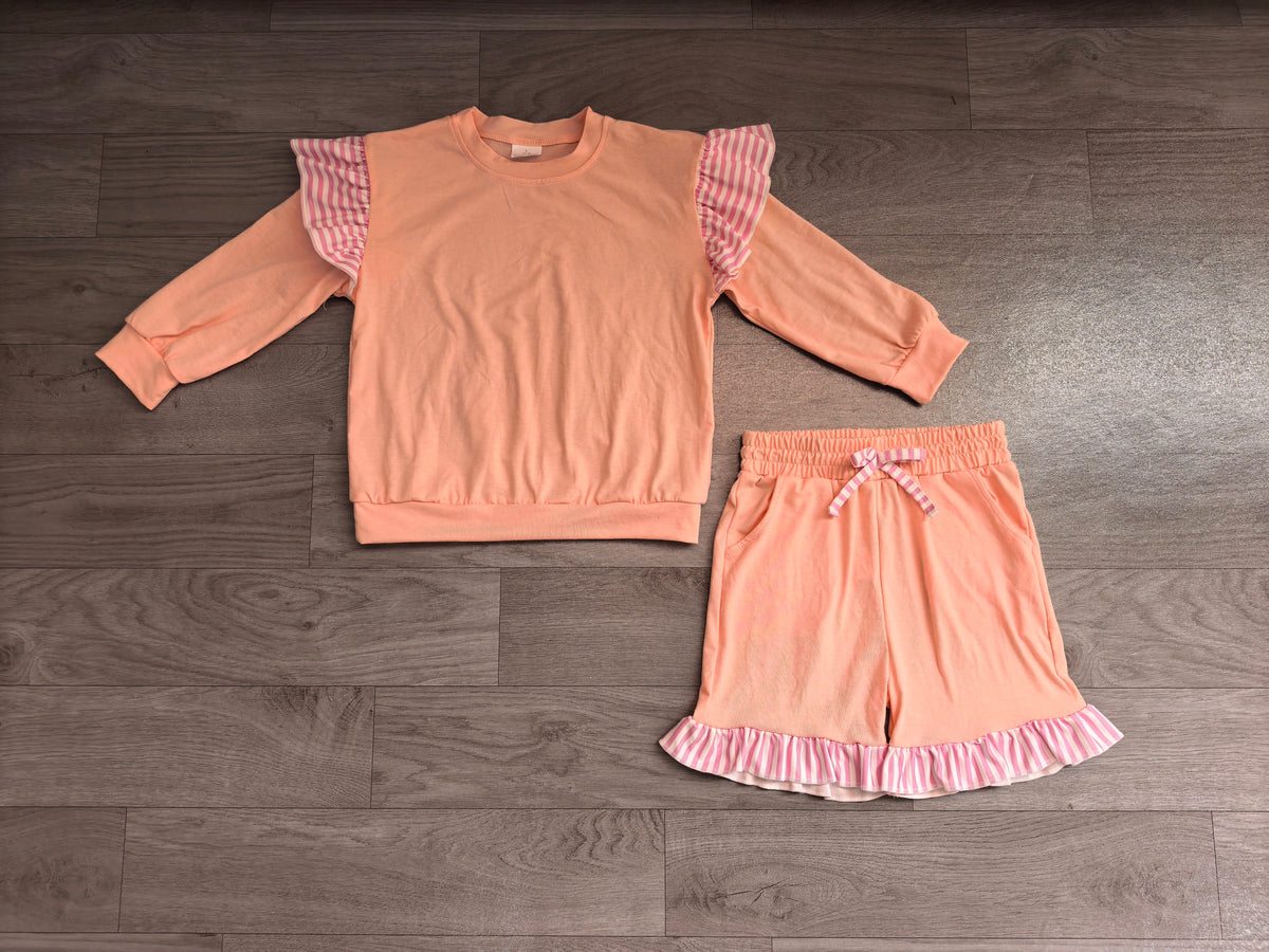 Sample-Real Pics GLS0222 Baby Girl Clothes Stripe Ruffle Trim Solid Plain Print Long Sleeve Short Pant Set