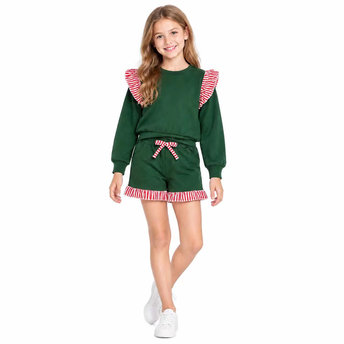 NO MOQ RTS GLS0223-bundle (2) Baby Girl Clothes Solid Dark Green Red Stripe Ruffle Long Sleeve Top Ruffle Shorts Set 202610