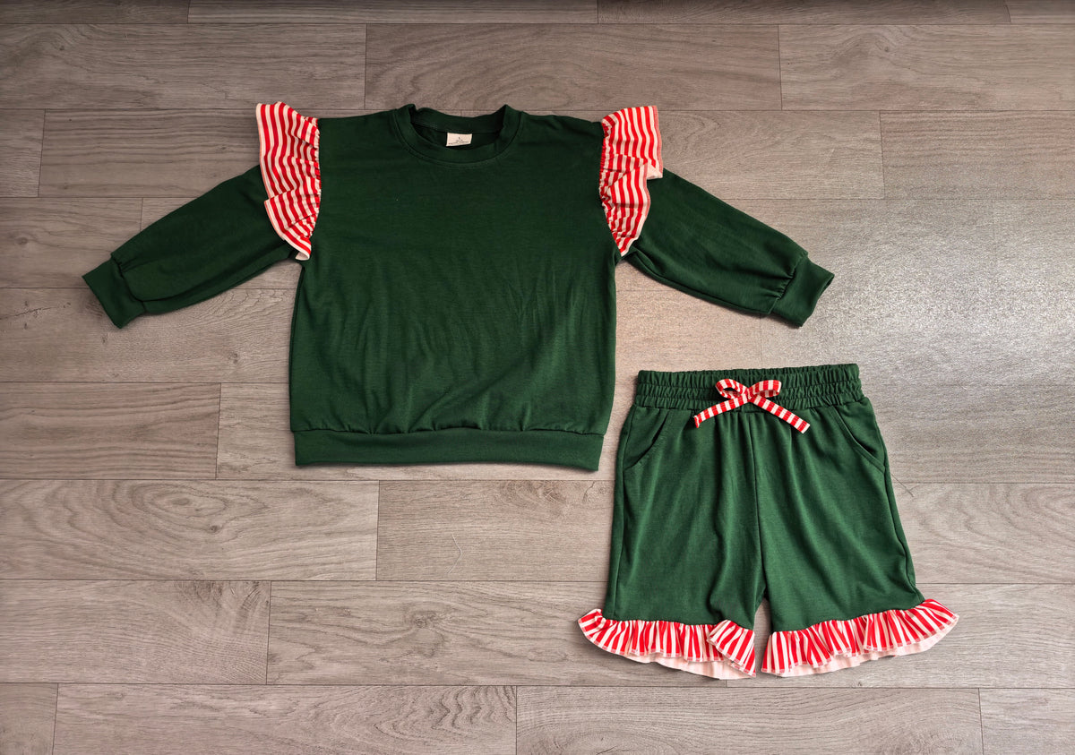 Sample-Real Pics GLS0223 Baby Girl Clothes Christmas Stripe Ruffle Accent Solid Print Long Sleeve Short Pant Set