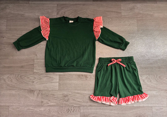 Sample-Real Pics GLS0223 Baby Girl Clothes Christmas Stripe Ruffle Accent Solid Print Long Sleeve Short Pant Set