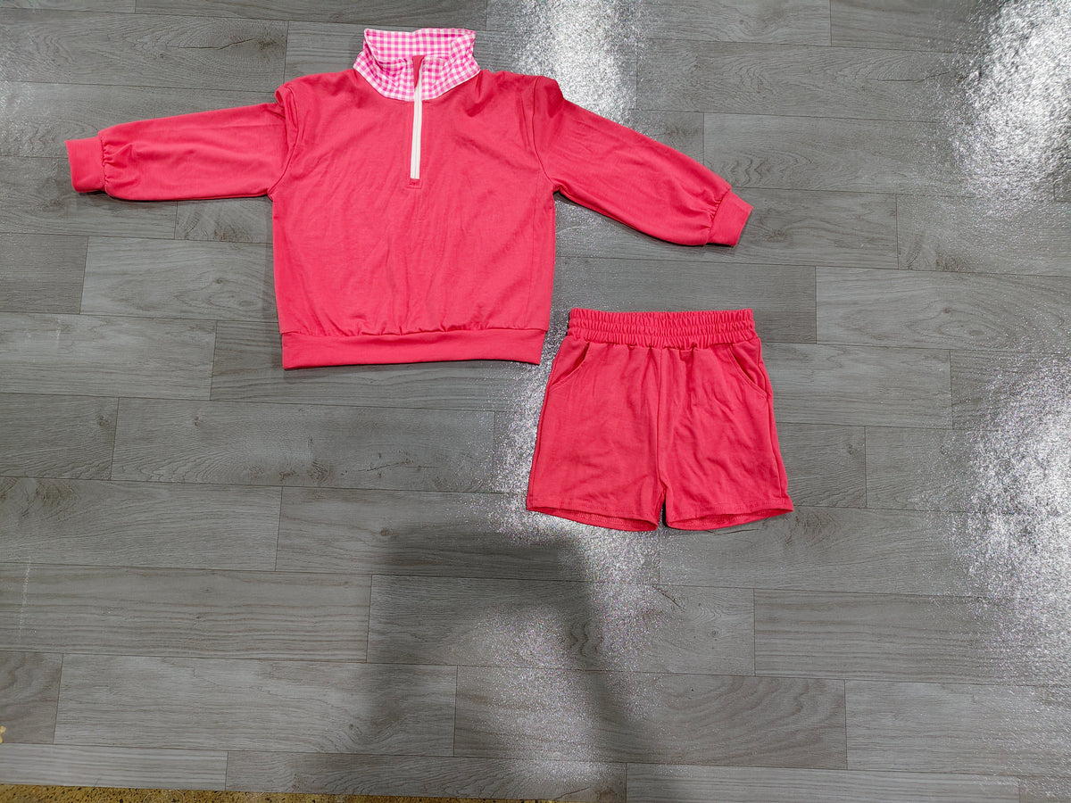 Sample-Real Pics GLS0225 Baby Girl Clothes Solid Pink Gingham Collar Mixed Print Long Sleeve Half Zip Top Short Set