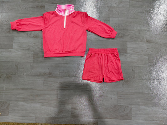 Sample-Real Pics GLS0225 Baby Girl Clothes Solid Pink Gingham Collar Mixed Print Long Sleeve Half Zip Top Short Set