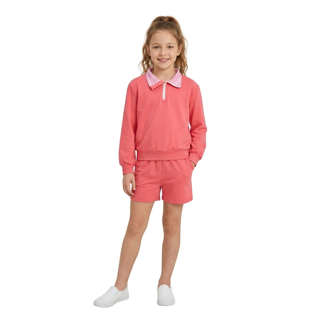 NO MOQ RTS GLS0225 Baby Girl Clothes Solid Hot Pink Gingham Collar Accent Print Long Sleeve Top Short Pant Set 202610