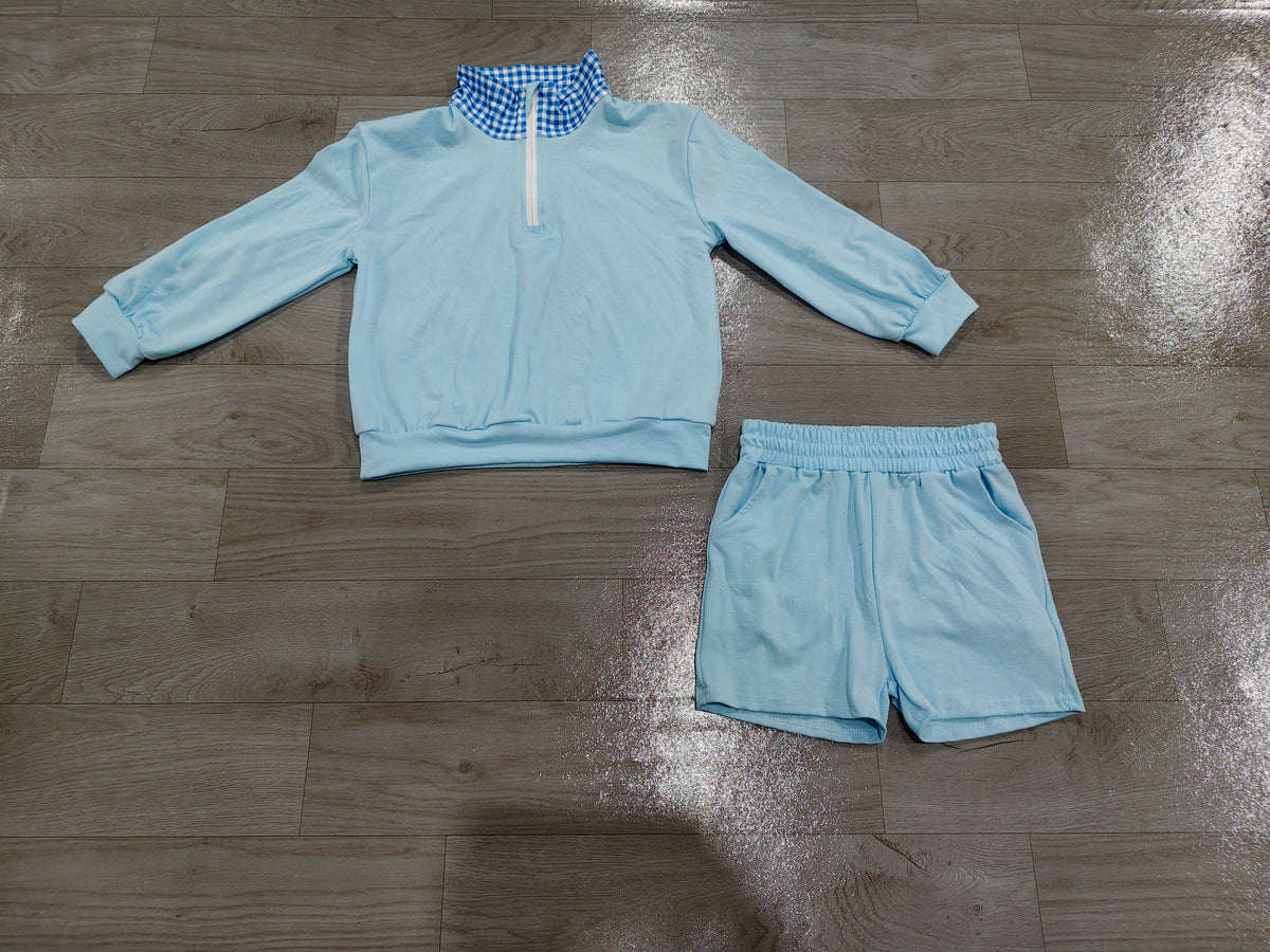 Sample-Real Pics GLS0226 Baby Girl Clothes Solid Light Blue Gingham Collar Mixed Print Long Sleeve Half Zip Top Short Set