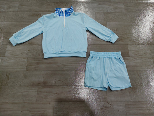 Sample-Real Pics GLS0226 Baby Girl Clothes Solid Light Blue Gingham Collar Mixed Print Long Sleeve Half Zip Top Short Set