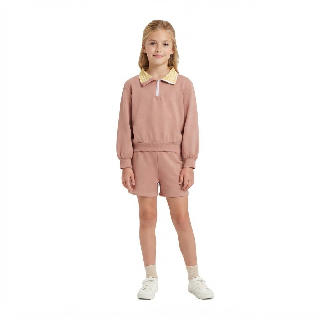NO MOQ RTS GLS0227 Baby Girl Clothes Solid Blush Yellow Gingham Collar Print Long Sleeve Short Set 202610