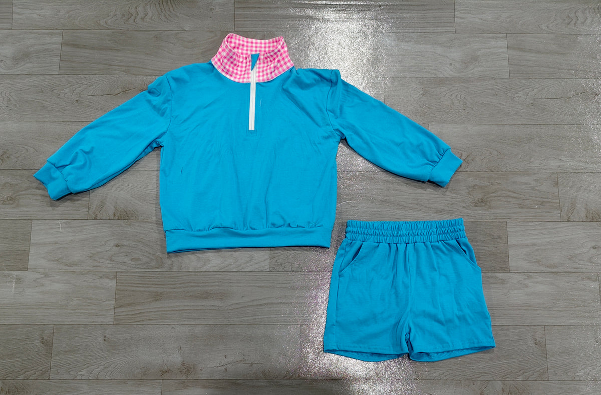 Sample-Real Pics GLS0228 Baby Girl Clothes Solid Blue Pink Gingham Collar Mixed Print Long Sleeve Half Zip Top Short Set