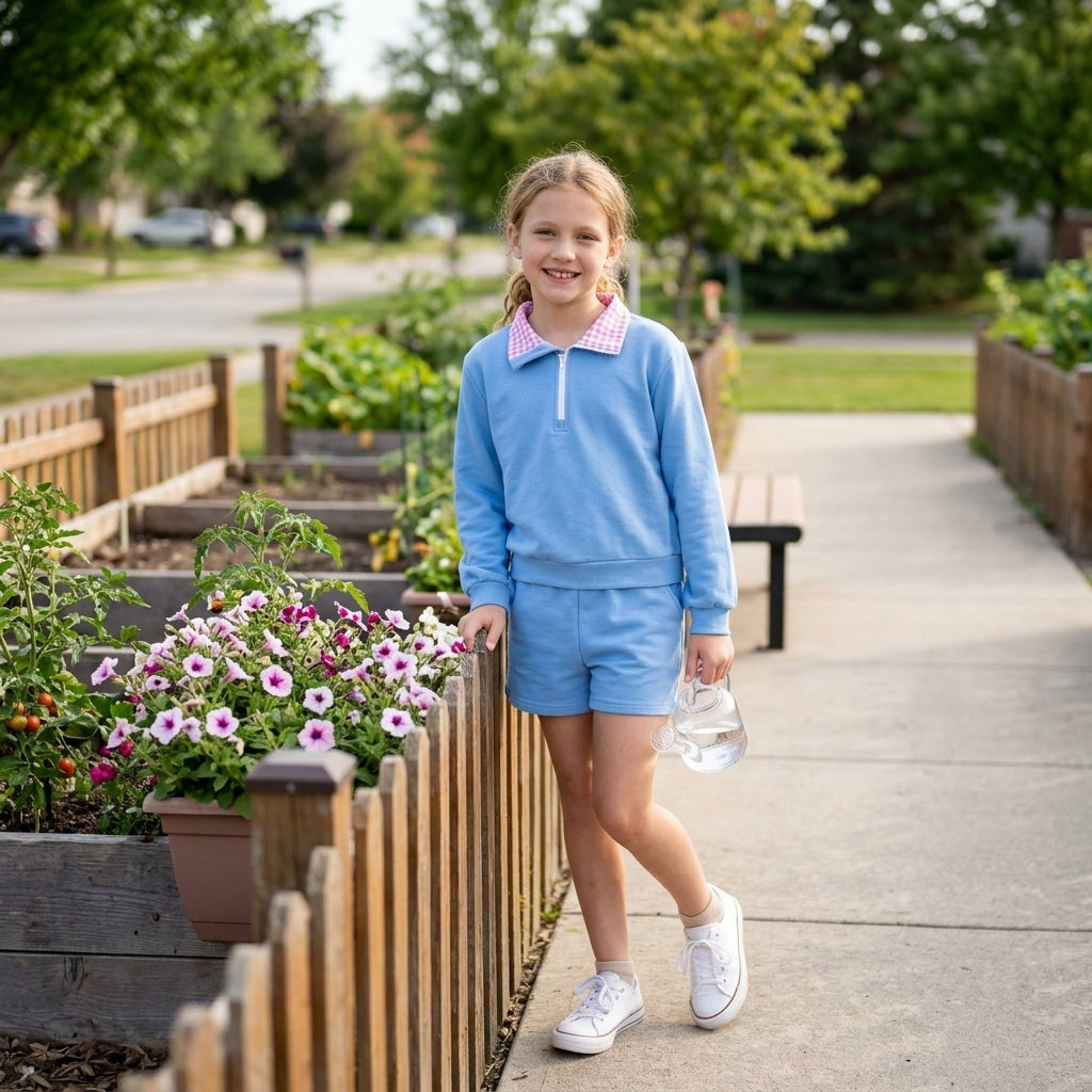 NO MOQ RTS GLS0228 Baby Girl Clothes Pink Gingham Collar Print Long Sleeve Half Zip Top Short Set 202610