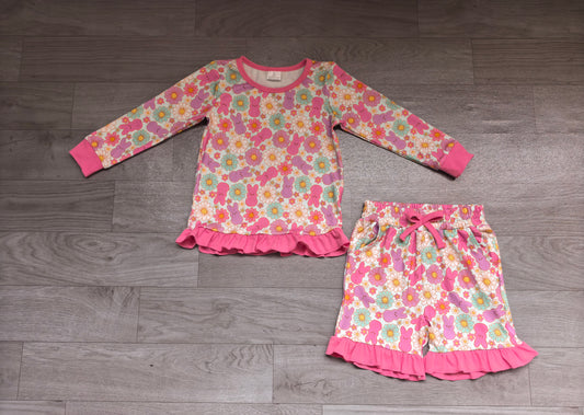 Sample-Real Pics GLS0247 Baby Girl Clothes Easter Bunny Floral Print Long Sleeve Ruffle Top Ruffle Short Set