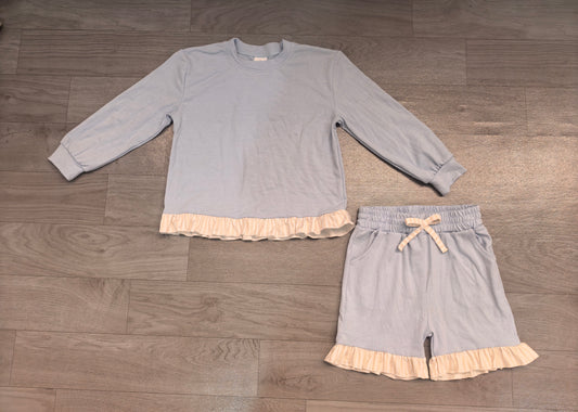 Sample-Real Pics GLS0250 Baby Girl Clothes Solid Light Blue Ruffle Trim Long Sleeve Top And Shorts Outfit Set