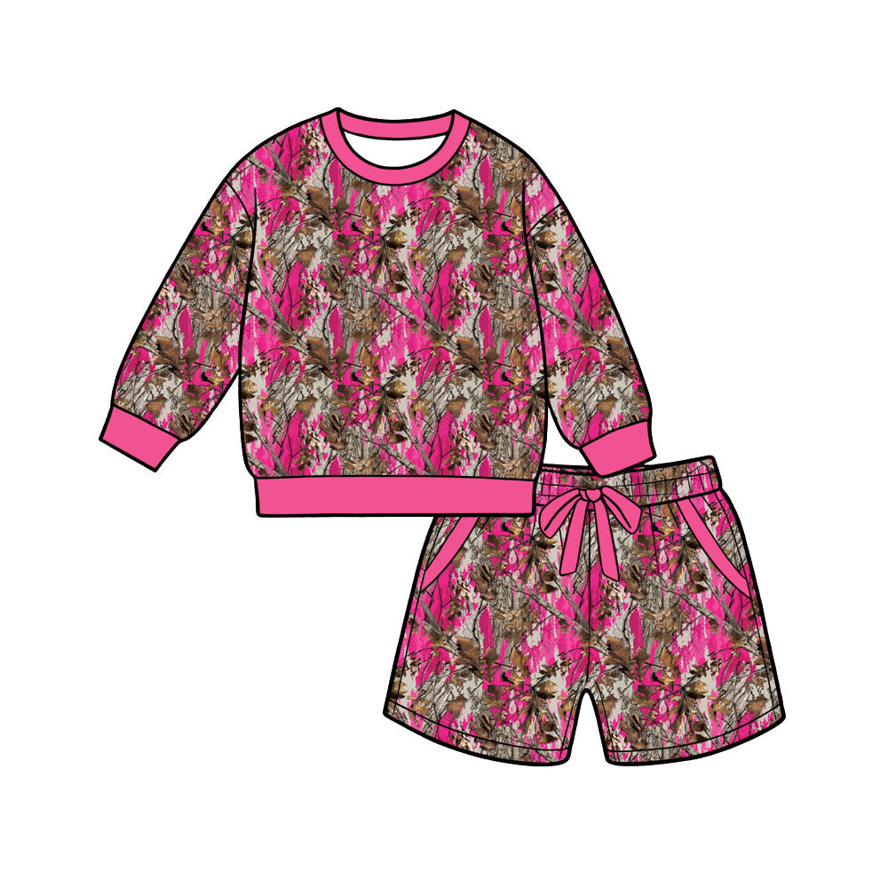 Preorder (moq 5) GLS0268 Women Clothes Pink Realtree Camo Leaf Print Long Sleeve Pullover & Shorts Boutique Outfit Set