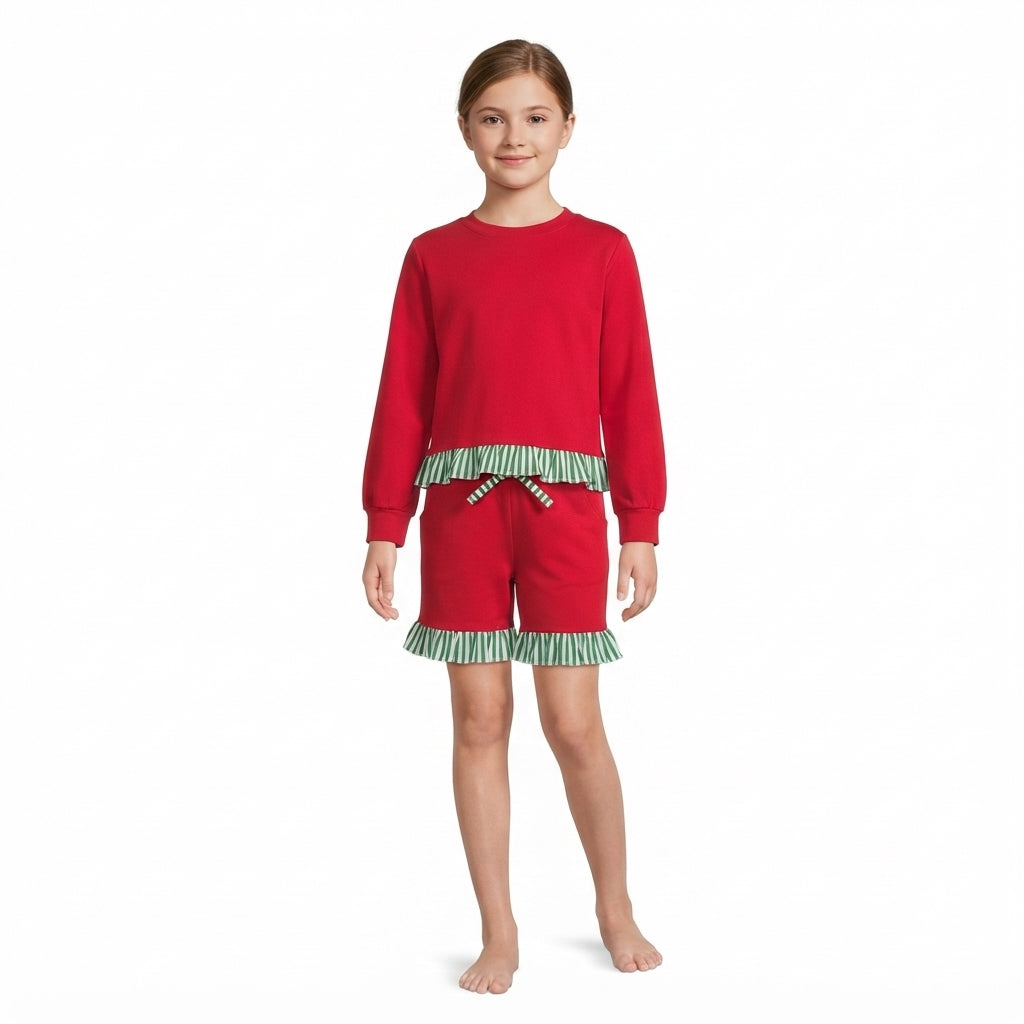 NO MOQ RTS GLS0269-bundle (2)Baby Girl Clothes Solid Red Green Stripe Ruffle Spliced Long Sleeve Top Short Pant Set 202610